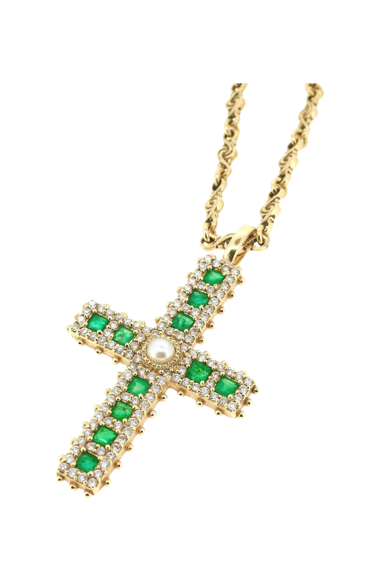 Gold cross necklace with green gemstones on a white background
