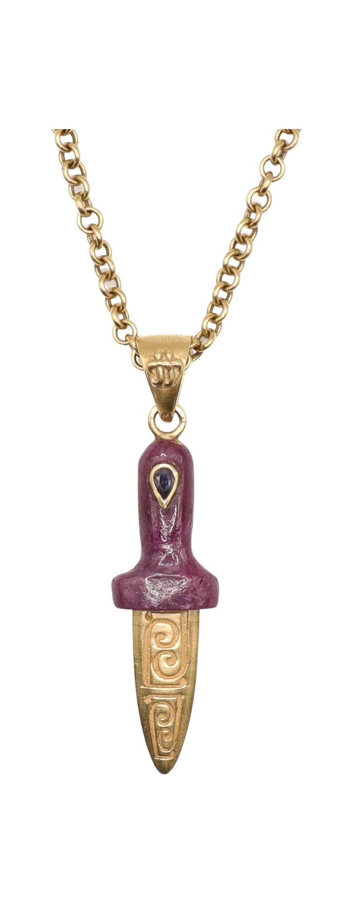 Dagger necklace with ruby and inlayed sapphire in 18k yellow gold