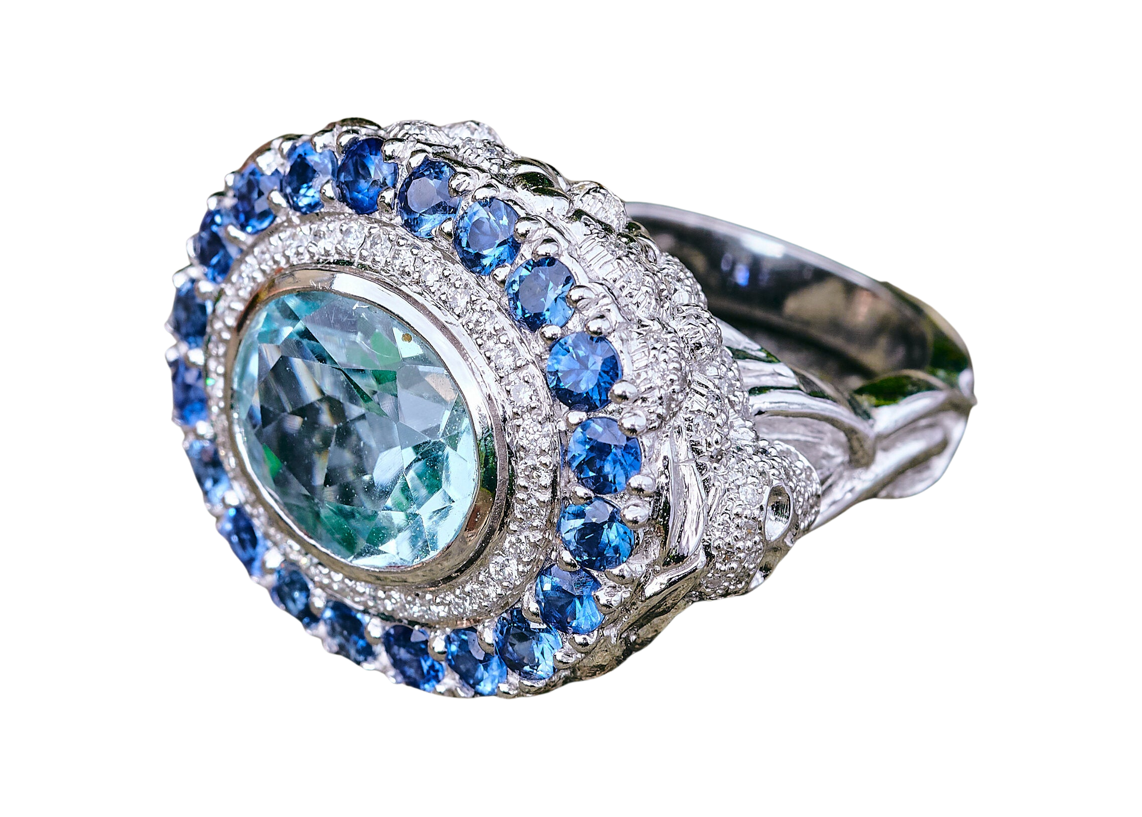 Aquamarine, Sapphire and Diamond Skull Ring