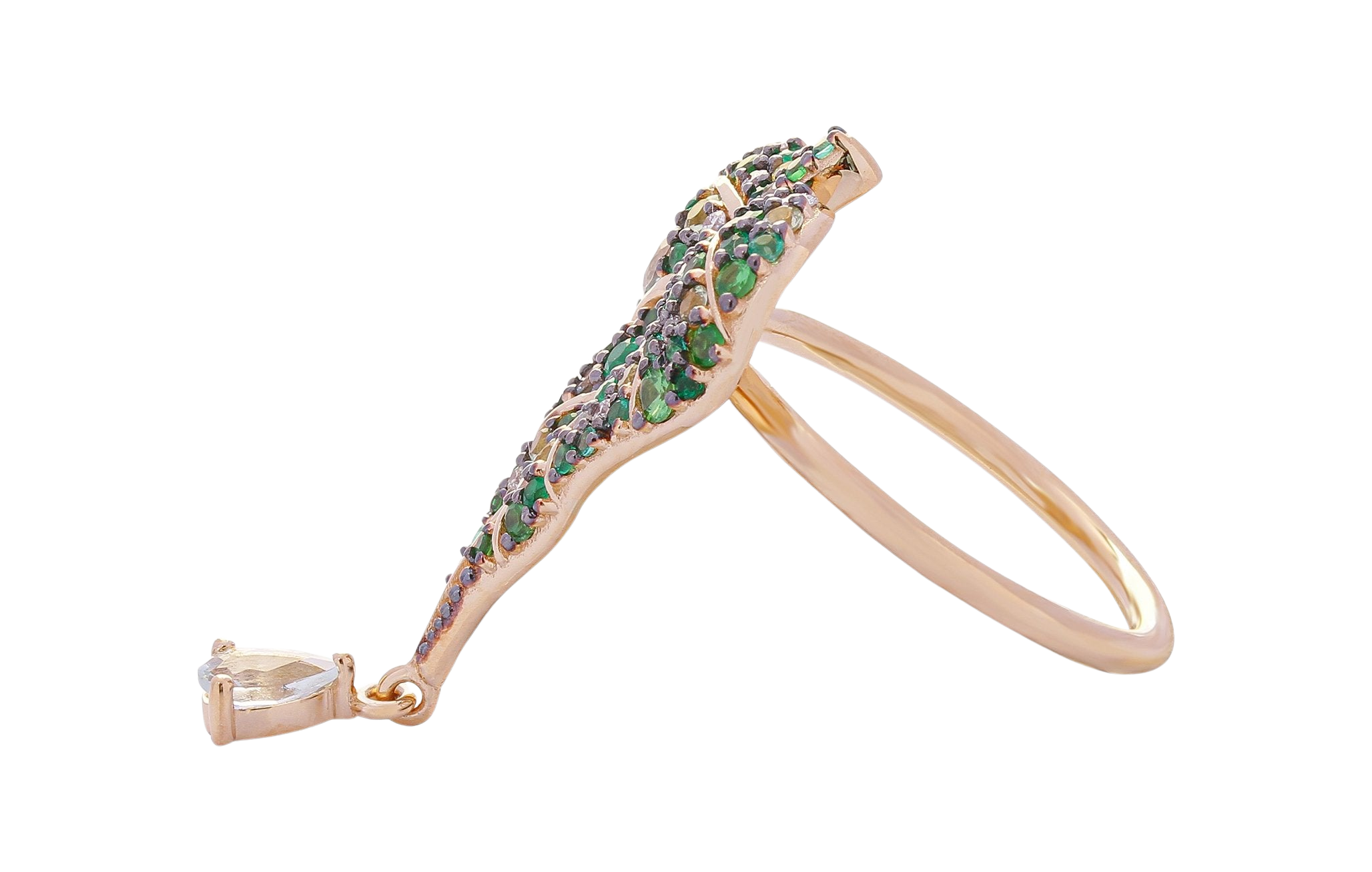 Paradisica heart leaf ring with emeralds, peridots, tsavorites and aquamarines