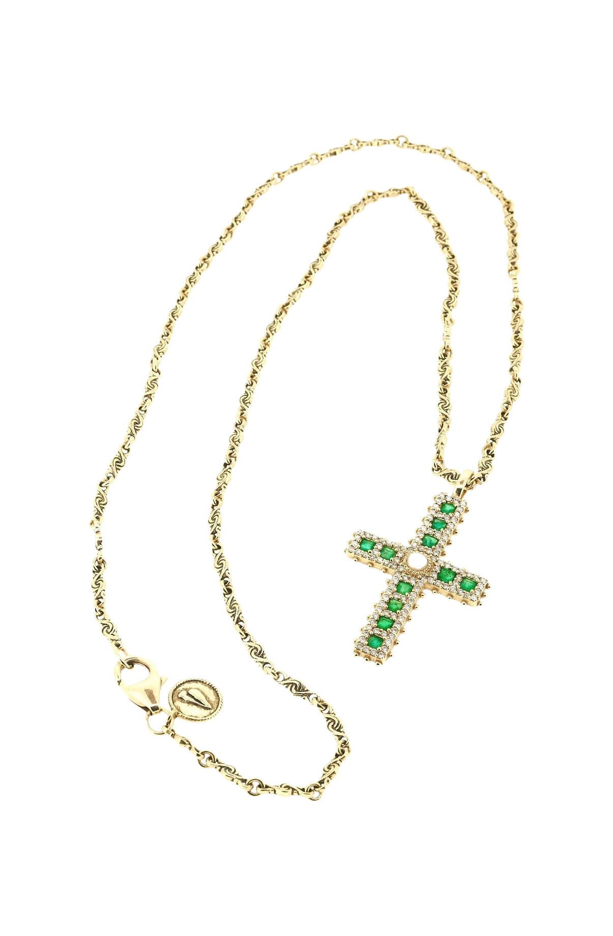 Gold necklace with a cross pendant featuring green gemstones on a white background
