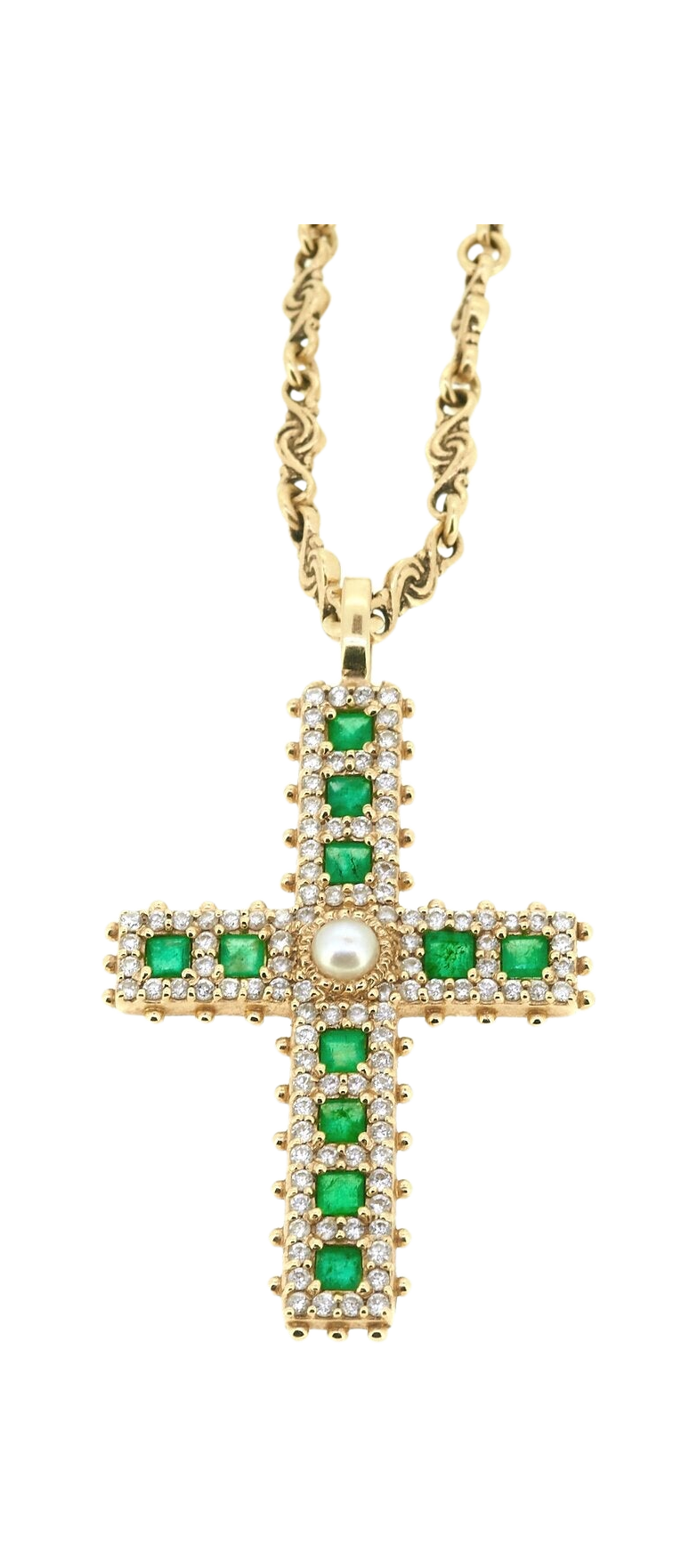 Gold cross necklace with green gemstones on a white background