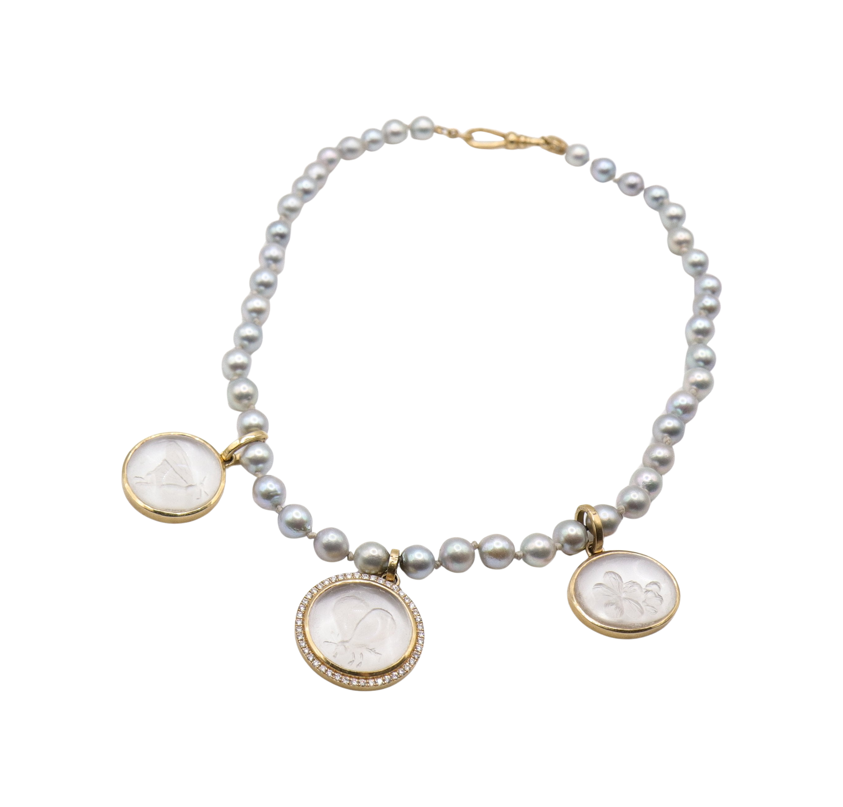 WHITE PEARL AND 3 CRYSTAL PENDANTS