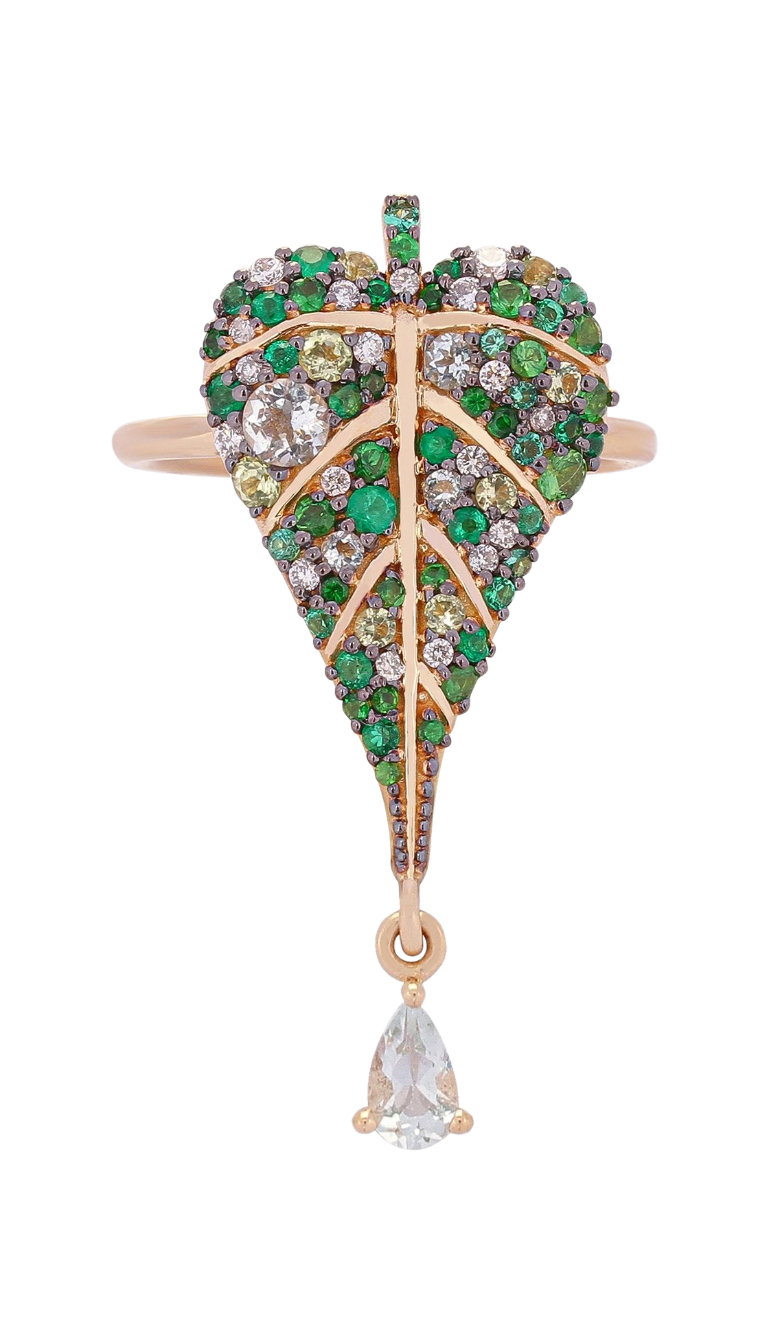 Paradisica heart leaf ring with emeralds, peridots, tsavorites and aquamarines